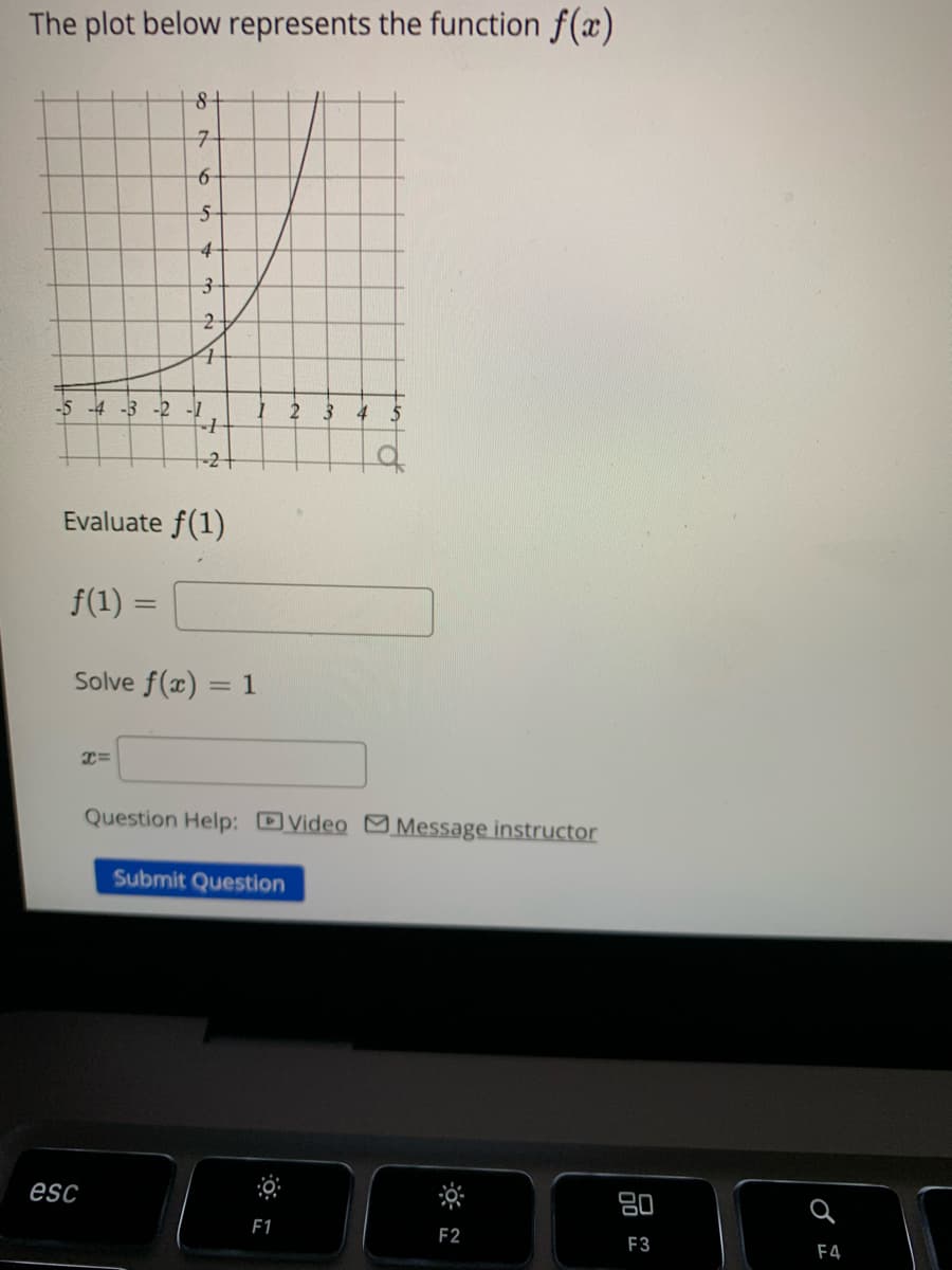 The plot below represents the function f(x)
-D
esc
8+
7
6
5
4
3
2
-4 -3 -2 -1
x=
₂1
4
+
Evaluate f(1)
f(1) =
Solve f(x) = 1
1
Question Help: Video Message instructor
Submit Question
2 3 4 5
F1
F2
80
F3
F4