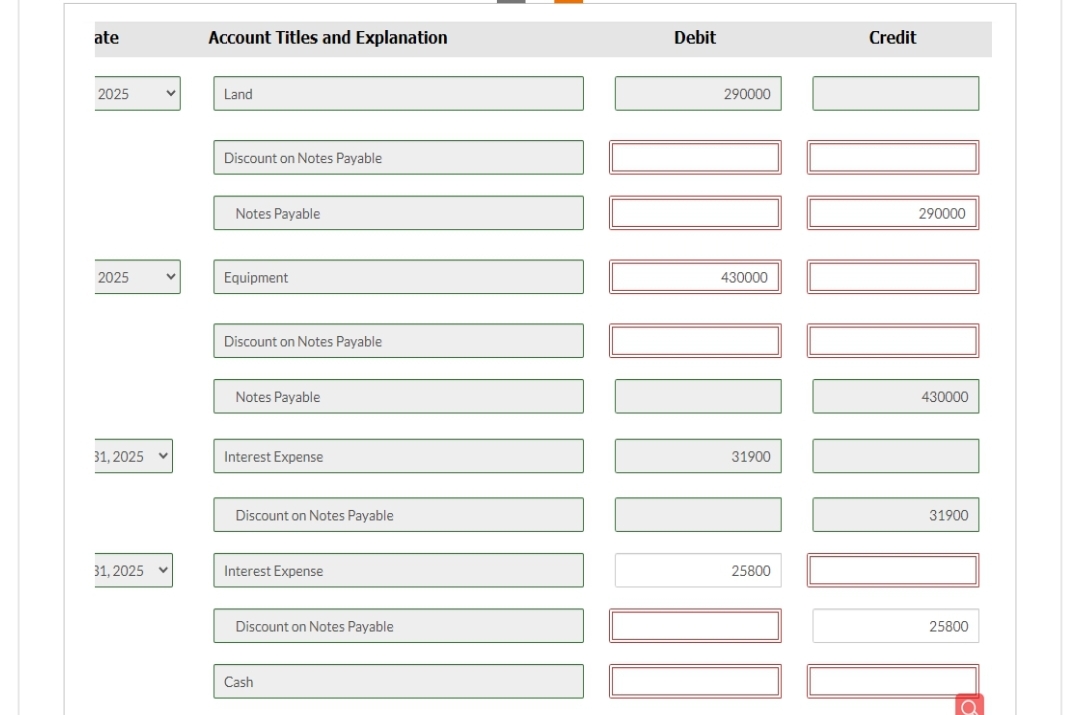 ate
2025
2025
31, 2025
31, 2025
✓
Account Titles and Explanation
Land
Discount on Notes Payable
Notes Payable
Equipment
Discount on Notes Payable
Notes Payable
Interest Expense
Discount on Notes Payable
Interest Expense
Discount on Notes Payable
Cash
Debit
290000
430000
DOI. MAN
31900
25800
Credit
DOADONNHORD
290000
430000
31900
25800