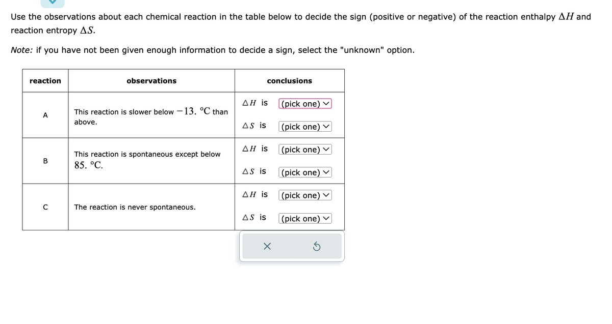 Use the observations about each chemical reaction in the table below to decide the sign (positive or negative) of the reaction enthalpy AH and
reaction entropy A.S.
Note: if you have not been given enough information to decide a sign, select the "unknown" option.
reaction
A
B
C
observations
This reaction is slower below -13. °℃ than
above.
This reaction is spontaneous except below
85. °C.
The reaction is never spontaneous.
AH is
AS is
conclusions
AH is
AS is
AH is
AS is
(pick one) ✓
(pick one) ✓
(pick one) ✓
(pick one) ✓
(pick one) ✓
(pick one) ✓