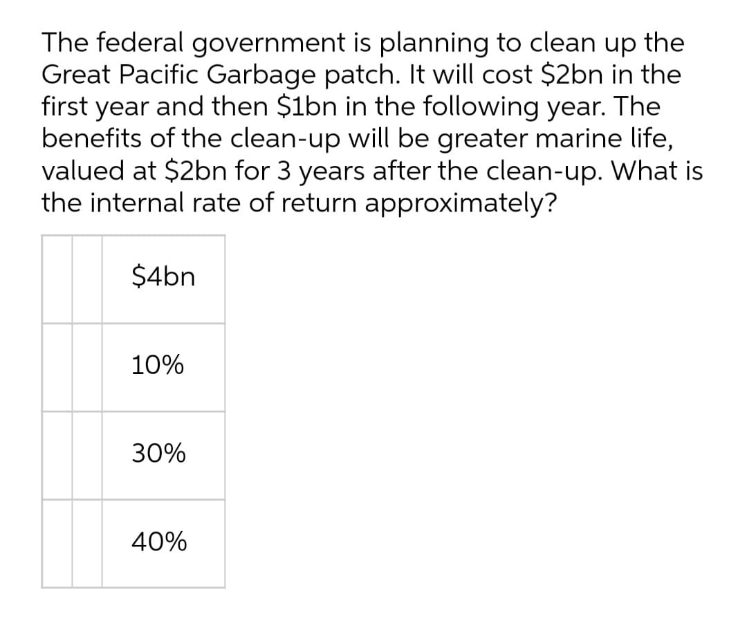 The federal government is planning to clean up the
Great Pacific Garbage patch. It will cost $2bn in the
first year and then $1bn in the following year. The
benefits of the clean-up will be greater marine life,
valued at $2bn for 3 years after the clean-up. What is
the internal rate of return approximately?
$4bn
10%
30%
40%
