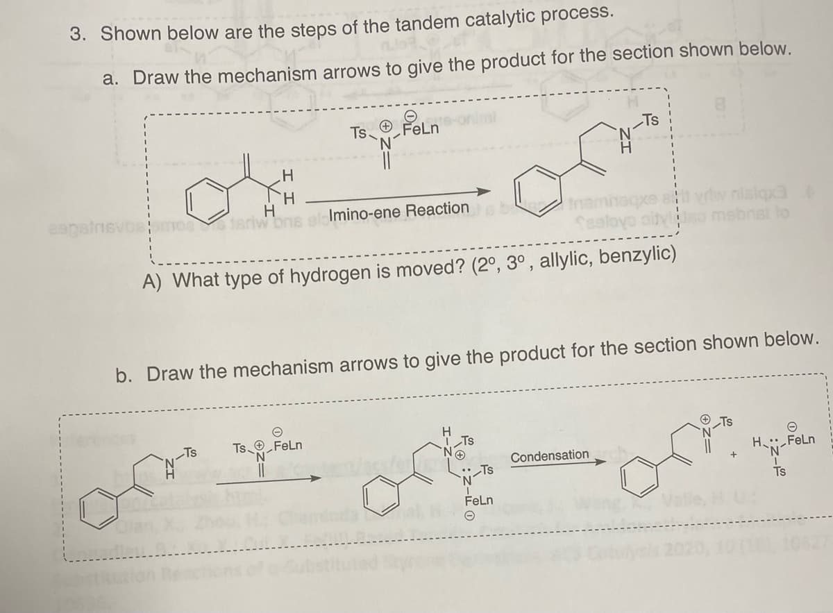 3. Shown below are the steps of the tandem catalytic process.
a. Draw the mechanism arrows to give the product for the section shown below.
ok
espatrisvosiomes teriw
H
H
Ts
Ts.
FeLn
TsFeLn
N
A) What type of hydrogen is moved? (2°, 3°, allylic, benzylic)
et Imino-ene Reaction inamiteqxe ali vrlw nisiqx3 >
festoyo aitylso mebrisi to
b. Draw the mechanism arrows to give the product for the section shown below.
hal
Ts
H
Ts
Ts
FeLn
Condensation
H: FeLn
`N'
I
Ts