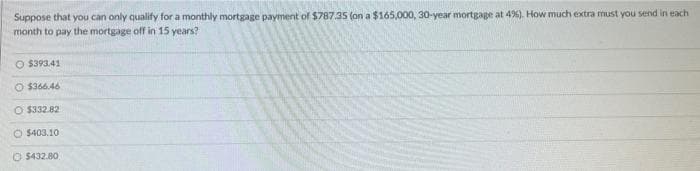 Suppose that you can only qualify for a monthly mortgage payment of $787.35 (on a $165,000, 30-year mortgage at 4%). How much extra must you send in each
month to pay the mortgage off in 15 years?
O $393.41
$366.46
O $332.82
O $403.10
Ⓒ$432.80