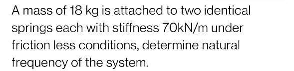 A mass of 18 kg is attached to two identical
springs each with stiffness 70kN/m under
friction less conditions, determine natural
frequency of the system.
