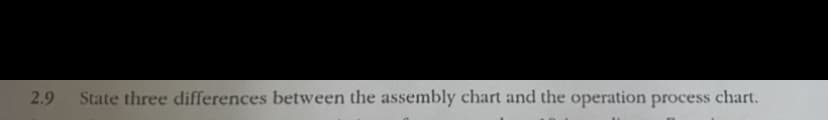 2.9
State three differences between the assembly chart and the operation process chart.
