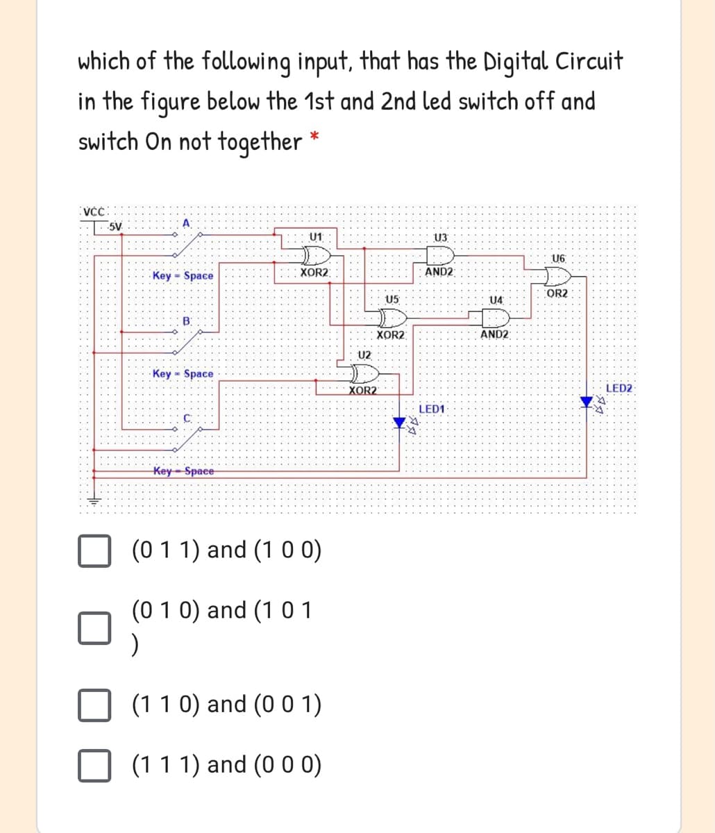 which of the following input, that has the Digital Circuit
in the fiqure below the 1st and 2nd led switch off and
switch On not together *
5V
A:
U1
U3
.. U6
Key Space
XOR2:
AND2
OR2
U5
U4
XOR2
AND2
U2
Key Space
XOR2
LED2
LED1
Key-Space-
(0 1 1) and (1 00)
(0 1 0) and (1 0 1
(11 0) and (0 0 1)
(11 1) and (0 0 0)
