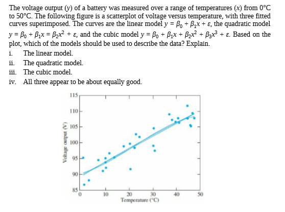 The voltage output (y) of a battery was measured over a range of temperatures (x) from 0°C
to 50°C. The following figure is a scatterplot of voltage versus temperature, with three fitted
curves superimposed. The curves are the linear model y = Bo + B,x + ɛ, the quadratic model
y = Bo + B;x = B2x? + ɛ, and the cubic model y = Bo + B;x + Bx? + B3x² + ɛ. Based on the
plot, which of the models should be used to describe the data? Explain.
The linear model.
ii. The quadratic model.
iii. The cubic model.
iv. All three appear to be about equally good.
115
110-
E 105
100
90
85
10
20
30
Temperature ("C)
40
50
(A) ndino adeoA
