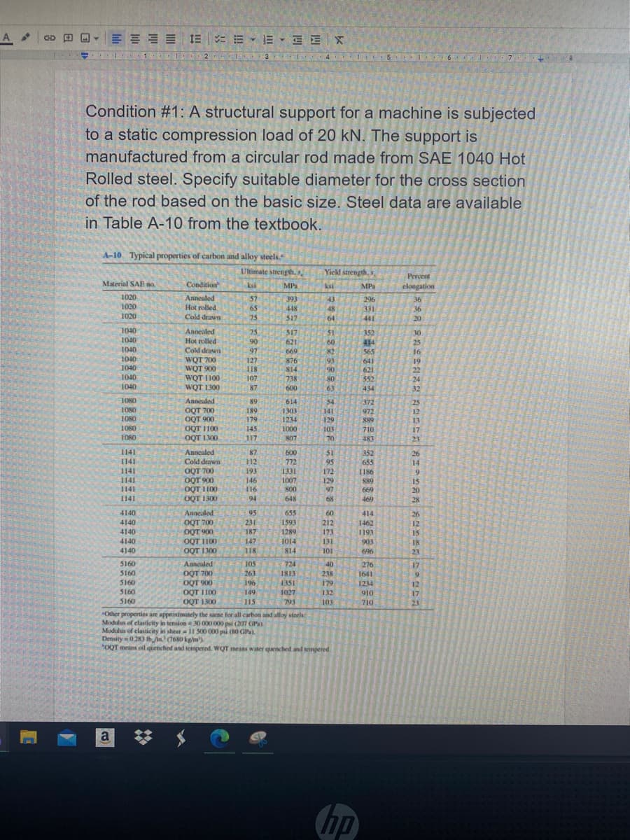 A
E E E E X
1 E E - E E E
GD
1 I 2 3 4 I 5
Condition #1: A structural support for a machine is subjected
to a static compression load of 20 kN. The support is
manufactured from a circular rod made from SAE 1040 Hot
Rolled steel. Specify suitable diameter for the cross section
of the rod based on the basic size. Steel data are available
in Table A-10 from the textbook.
A-10 Typical properties of carbon and alloy steels.
Ultimate strength, s
Yield strength, s,
Percent
Material SAE no.
Condition
ksi
MPa
ksi
MPa
elongation
1020
Annealed
57
65
393
448
517
43
296
36
1020
Hot rolled
48
331
36
1020
Cold drawn
75
64
441
20
1040
Annealed
75
517
51
352
30
1040
Hot rolled
90
621
60
414
25
1040
Cold drawn
WQT 700
WQT 900
WOT I 100
WOT 1300
97
669
82
565
16
1040
127
118
876
93
641
621
19
1040
814
90
22
1040
107
738
80
552
24
1040
87
600
63
434
32
1080
Annealed
89
614
54
372
25
1O80
OQT 700
OQT 900
OQT 1100
OQT L00
189
1303
972
141
129
12
1080
179
1234
889
13
1080
145
1000
103
710
17
1080
117
807
70
483
23
1141
Annealed
87
600
772
51
352
26
1141
1141
Cold drawn
12
95
655
14
OQT 700
OOT 900
OQT IH00
OQT 1300
193
1331
172
1186
1141
146
1007
800
129
97
889
15
1141
116
669
20
1141
94
648
68
469
28
4140
Annealed
OQT 700
OQT 900
95
655
60
414
26
4140
231
1593
212
1462
12
4140
187
1289
173
1193
15
4140
OQT I100
OQT IM00
147
1014
131
903
18
4140
118
814
101
696
23
5160
Annealed
J05
724
40
276
17
OQT 700
OQT 900 196
OQT LI00
OQT 1300
5160
263
1813
238
1641
6.
5160
1351
179
1234
12
5160
149
1027
132
910
17
5160
115
793
103
710
23
Other properties are approximutely the same for all carbon and alloy steels
Modulus of elasticity in tension= 30 000 000 psi (207 GP)
Modulus of elasticity in shear 11 S00 000 psi (80 GPa).
Density 0.283 Ih in. (7680 kg/m).
OQT means oil quenched and tempered. WQT means water quenched and tempered.
a
hp
