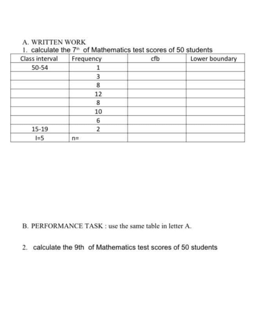 A. WRITTEN WORK
1. calculate the 7th of Mathematics test scores of 50 students
Class interval
Frequency
cfb
Lower boundary
50-54
1
3
8
12
8
10
6.
15-19
I=5
n=
B. PERFORMANCE TASK : use the same table in letter A.
2. calculate the 9th of Mathematics test scores of 50 students
