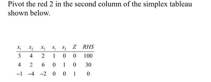 Pivot the red 2 in the second column of the simplex tableau
shown below.
X X, x, s, s, Z RHS
3
4
2
1
100
4
1
30
-1 -4 -2 00 1 0
