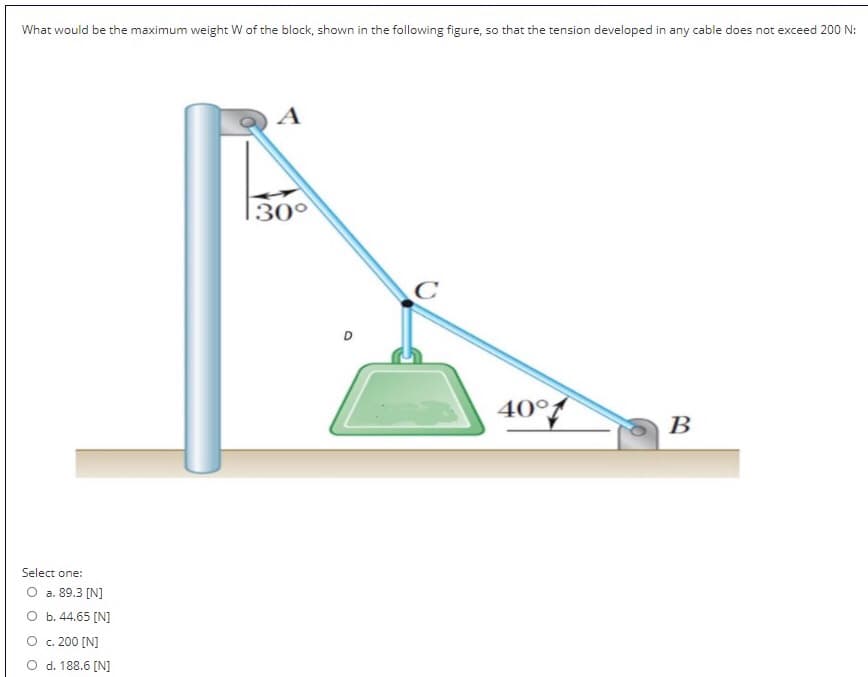 What would be the maximum weight W of the block, shown in the following figure, so that the tension developed in any cable does not exceed 200 N:
A
30°
40°
В
Select one:
O a. 89.3 [N]
O b. 44.65 (N]
O c. 200 [N]
O d. 188.6 [N]
