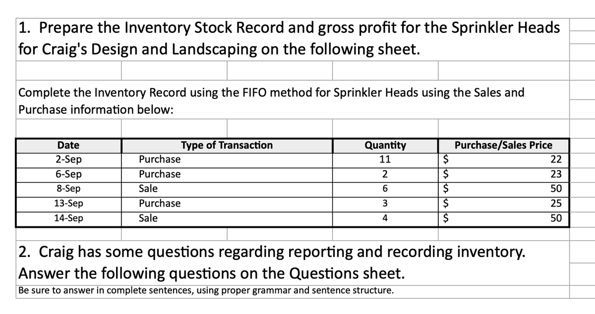 1. Prepare the Inventory Stock Record and gross profit for the Sprinkler Heads
for Craig's Design and Landscaping on the following sheet.
Complete the Inventory Record using the FIFO method for Sprinkler Heads using the Sales and
Purchase information below:
Date
2-Sep
6-Sep
8-Sep
13-Sep
14-Sep
Type of Transaction
Purchase
Purchase
Sale
Purchase
Sale
Quantity
11
2
6
3
4
$
$
$
$
$
Purchase/Sales Price
22
23
50
25
50
2. Craig has some questions regarding reporting and recording inventory.
Answer the following questions on the Questions sheet.
Be sure to answer in complete sentences, using proper grammar and sentence structure.