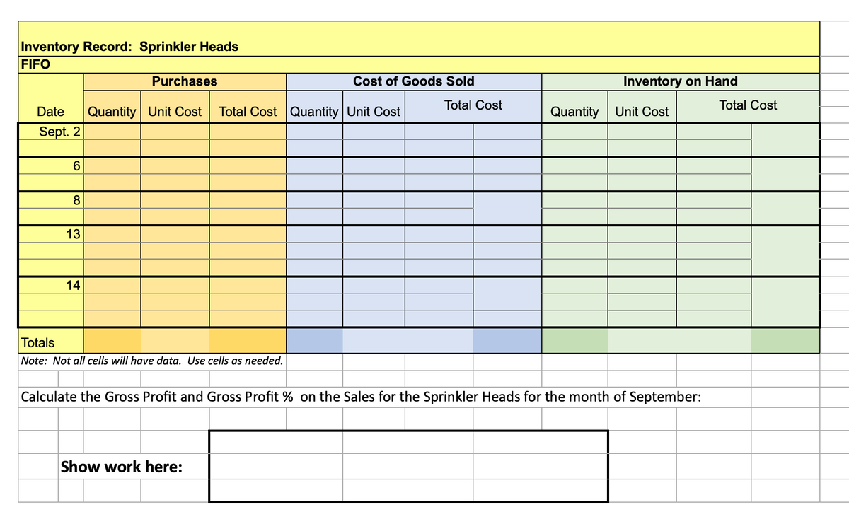 Inventory Record: Sprinkler Heads
FIFO
8
Date Quantity Unit Cost Total Cost Quantity Unit Cost
Sept. 2
13
Purchases
14
Totals
Note: Not all cells will have data. Use cells as needed.
Cost of Goods Sold
Show work here:
Total Cost
Quantity
Inventory on Hand
Unit Cost
Calculate the Gross Profit and Gross Profit % on the Sales for the Sprinkler Heads for the month of September:
Total Cost