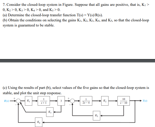 7. Consider the closed-loop system in Figure. Suppose that all gains are positive, that is, K1 >
0, K2 > 0, K3 > 0, K4 > 0, and Kş > 0.
(a) Determine the closed-loop transfer function T(s) = Y(s)/R(s).
(b) Obtain the conditions on selecting the gains K1, K2, K3, K4, and Ks, so that the closed-loop
system is guaranteed to be stable.
(c) Using the results of part (b), select values of the five gains so that the closed-loop system is
stable, and plot the unit step response.
10
R(s)
K2
Y(s)
2s -4
s- 10
K3
K5
