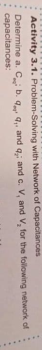 Activity 3.1. Problem-Solving with Network of Capacitances
Determine a. C b. q 9., and q,; and c. V, and V, for the following network of
capacitances:
