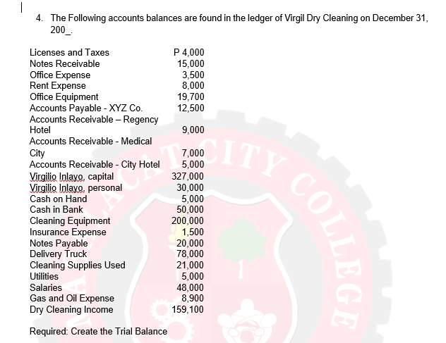 4. The Following accounts balances are found in the ledger of Virgil Dry Cleaning on December 31,
Licenses and Taxes
P 4,000
15,000
3,500
8,000
19,700
12,500
Notes Receivable
Office Expense
Rent Expense
Office Equipment
Accounts Payable - XYZ Co.
Accounts Receivable – Regency
Hotel
9,000
Accounts Receivable - Medical
City
Accounts Receivable - City Hotel
Virgilio Inlayo, capital
Virgilio Inlayo, personal
Cash on Hand
Cash in Bank
7,000
5,000
327,000
30,000
5,000
50,000
200,000
1,500
Cleaning Equipment
Insurance Expense
Notes Payable
Delivery Truck
Cleaning Supplies Used
Utilities
20,000
78,000
21,000
5,000
48,000
8,900
Salaries
Gas and Oil Expense
Dry Cleaning Income
159,100
Required: Create the Trial Balance
COLLEGE
