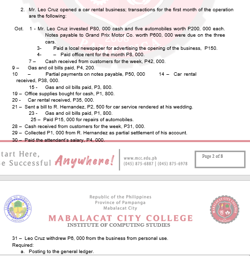 2. Mr. Leo Cruz opened a car rental business; transactions for the first month of the operation
are the following:
1 - Mr. Leo Cruz invested P80, 000 cash and five automobiles worth P200, 000 each.
Notes payable to Grand Prix Motor Co. worth P800, 000 were due on the three
Oct
сars.
3-
Paid a local newspaper for advertising the opening of the business, P150.
- Paid office rent for the month P8, 000.
Cash received from customers for the week, P42, 000.
4-
7-
9-
Gas and oil bills paid, P4, 200.
10
Partial payments on notes payable, P50, 000
14 - Car rental
received, P38, 000.
15 -
Gas and oil bills paid, P3, 800.
19 - Office supplies bought for cash, P1, 800.
20 -
Car rental received, P35, 000.
21 - Sent a bill to R. Hernandez, P2, 500 for car service rendered at his wedding.
23 -
Gas and oil bills paid, P1, 800.
25 - Paid P15, 000 for repairs of automobiles.
28 - Cash received from customers for the week, P31, 00.
29 - Collected P1, 000 from R. Hernandez as partial settlement of his account.
30 - Paid the attendant's salary. P4, 00.
tart Here,
Page 2 of 8
-e Successful Anywhere!
www.mcc.edu.ph
(045) 875-6887 | (045) 875-6978
Republic of the Philippines
Province of Pampanga
Mabalacat City
MABALACAT CITY COLLEGE
INSTITUTE OF COMPUTING STUDIES
31 - Leo Cruz withdrew P6, 000 from the business from personal use.
Required:
a. Posting to the general ledger.
