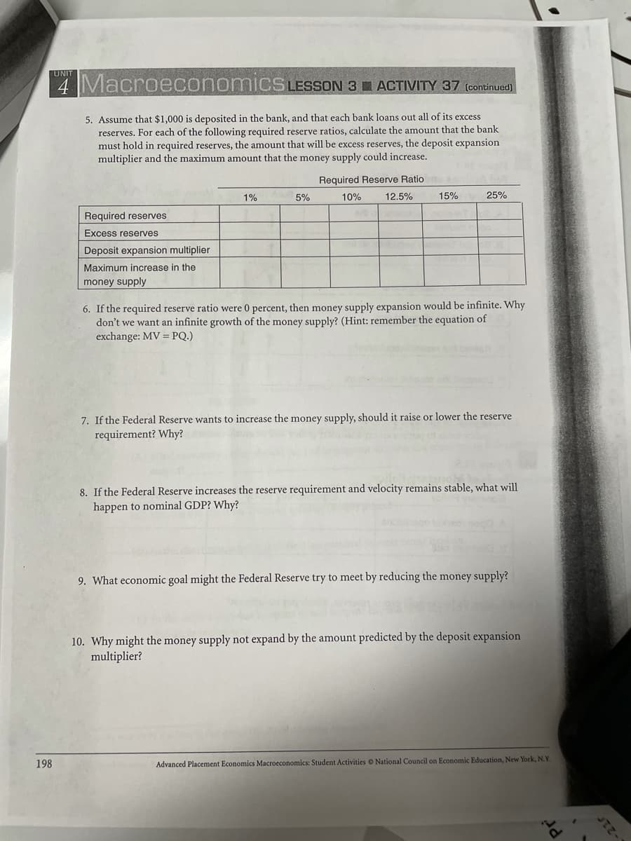 UNIT
4 Macroeconomics LESSON 3 I ACTIVITY 37 (contimusd)
5. Assume that $1,000 is deposited in the bank, and that each bank loans out all of its excess
reserves. For each of the following required reserve ratios, calculate the amount that the bank
must hold in required reserves, the amount that will be excess reserves, the deposit expansion
multiplier and the maximum amount that the money supply could increase.
Required Reserve Ratio
1%
5%
10%
12.5%
15%
25%
Required reserves
Excess reserves
Deposit expansion multiplier
Maximum increase in the
money supply
6. If the required reserve ratio were 0 percent, then money supply expansion would be infinite. Why
don't we want an infinite growth of the money supply? (Hint: remember the equation of
exchange: MV = PQ.)
7. If the Federal Reserve wants to increase the money supply, should it raise or lower the reserve
requirement? Why?
8. If the Federal Reserve increases the reserve requirement and velocity remains stable, what wil
happen to nominal GDP? Why?
9. What economic goal might the Federal Reserve try to meet by reducing the money supply?
10. Why might the money supply not expand by the amount predicted by the deposit expansion
multiplier?
198
Advanced Placement Economics Macroeconomics: Student Activities O National Council on Economic Education, New York, N.Y.
