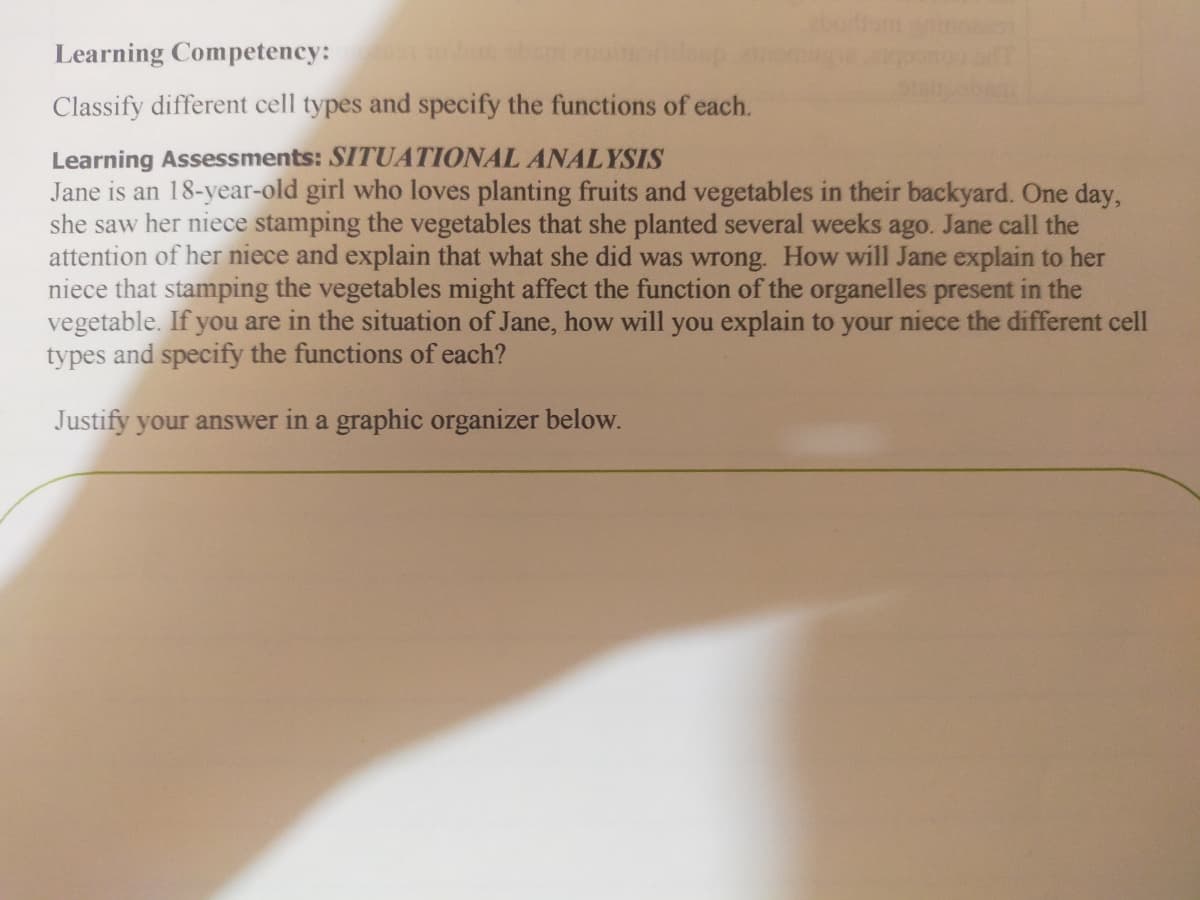 Learning Competency:
Classify different cell types and specify the functions of each.
Learning Assessments: SITUATIONAL ANALYSIS
Jane is an 18-year-old girl who loves planting fruits and vegetables in their backyard. One day,
she saw her niece stamping the vegetables that she planted several weeks ago. Jane call the
attention of her niece and explain that what she did was wrong. How will Jane explain to her
niece that stamping the vegetables might affect the function of the organelles present in the
vegetable. If you are in the situation of Jane, how will you explain to your niece the different cell
types and specify the functions of each?
Justify your answer in a graphic organizer below.
