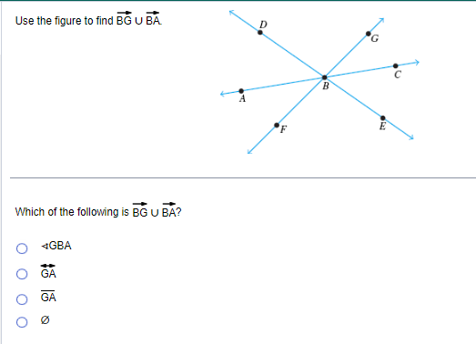 Use the figure to find BG U BA
Which of the following is BG U BA?
GBA
GA
GA
Ø
S
B
G