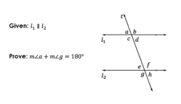 Given: 4 | 2
a\b
c\d
Prove: mza + mzg = 180°
e
12
g\h
