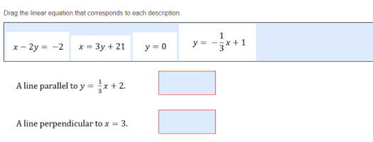 Drag the linear equation that corresponds to each description.
x- 2y = -2 x = 3y + 21
y = 0
y = --
3*+1
A line parallel to y = x+ 2.
A line perpendicular to x = 3.
