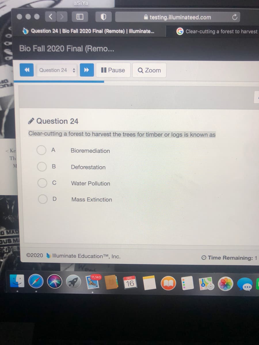 asiYa
A testing.illuminateed.com
Question 24 | Bio Fall 2020 Final (Remote) | Illuminate...
G Clear-cutting a forest to harvest
Bio Fall 2020 Final (Remo...
Question 24
II Pause
Q Zoom
OF
FUC
Question 24
Clear-cutting a forest to harvest the trees for timber or logs is known as
< Ke
A
Bioremediation
Th
M
Deforestation
C
Water Pollution
Mass Extinction
D MAD
GUS M
©2020 Iluminate EducationTM, Inc.
O Time Remaining: 1
11,143
DEC
16
