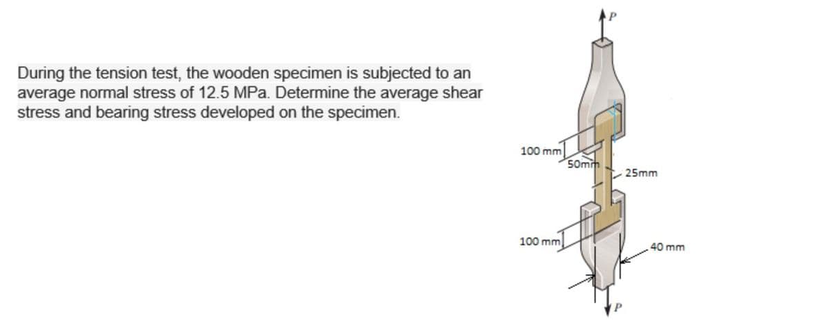 During the tension test, the wooden specimen is subjected to an
average normal stress of 12.5 MPa. Determine the average shear
stress and bearing stress developed on the specimen.
100 mm
50mm
25mm
100 mm
40 mm
