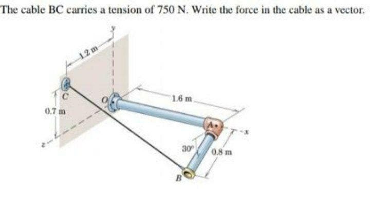 The cable BC carries a tension of 750 N. Write the force in the cable as a vecto
12m-
C
0.7 m
1.6 m.
