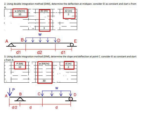 2. Using double integration method (DIM), determine the deflection at midspan. consider El as constant and start x from
A.
A
w (kN/m)
10
B√ √
P (KN)
10
d/2
B
di
d
W
(m)
d1
d2
d1
3. Using double integration method (DIM), determine the slope and deflection at point C. consider El as constant and start
x from A.
w (kN/m)
VD
30
W
√ √
d2 (m)
2
d
E
d (m)
2
D