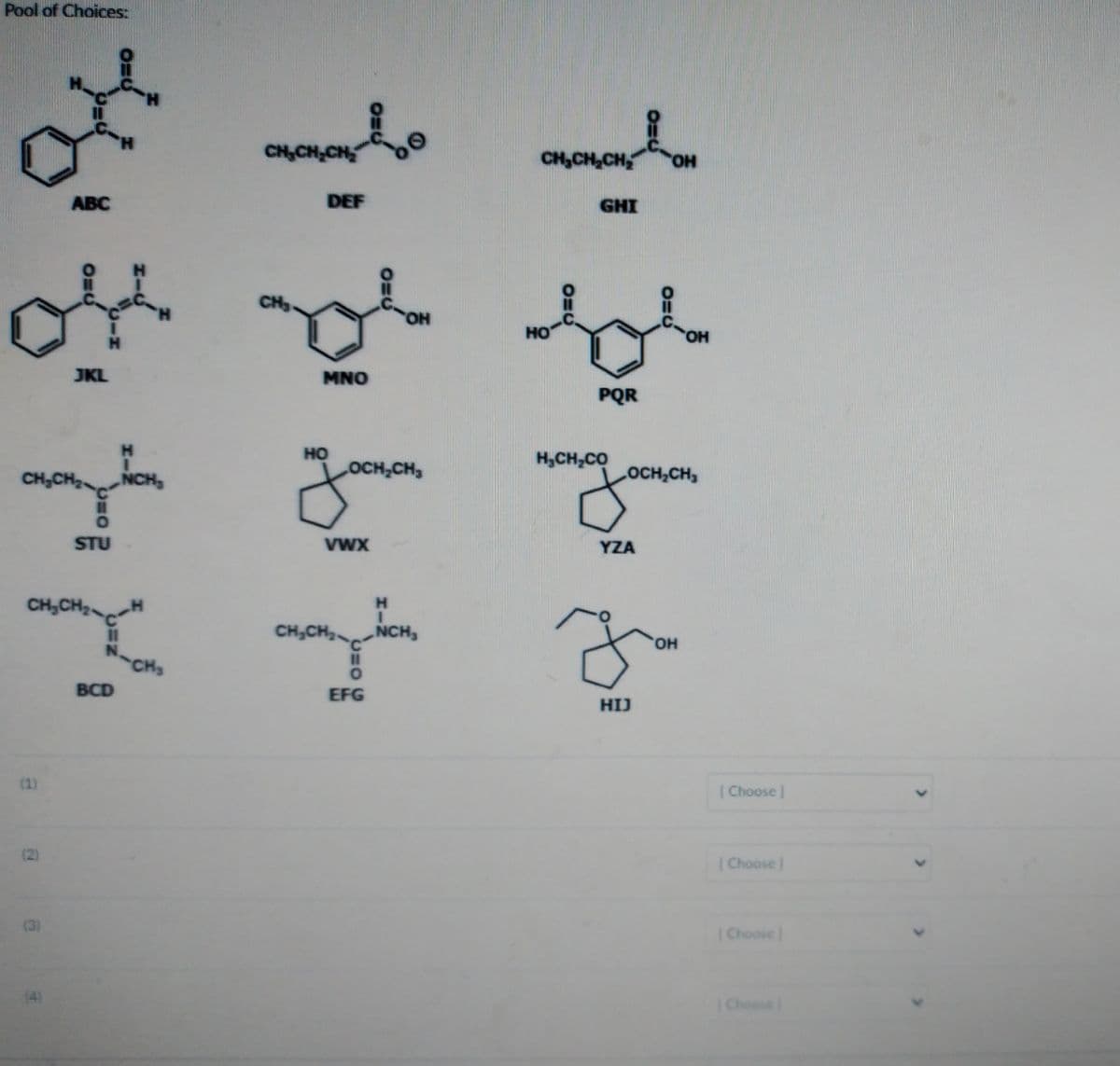 Pool of Choices:
(1)
(2)
(3)
ABC
JKL
STU
BCD
CH₂CH₂C
CH₂
DEF
MNO
HO
достон
VWX
CH₂CH₂
U=O
EFG
NCH,
CH₂CH₂CH₂
GHI
PQR
HẠCH,CỌ
you
YZA
OH
OCH₂CH₂
OH
yo
HIJ
[Choose ]
[Choose ]
[Choose]
Choose