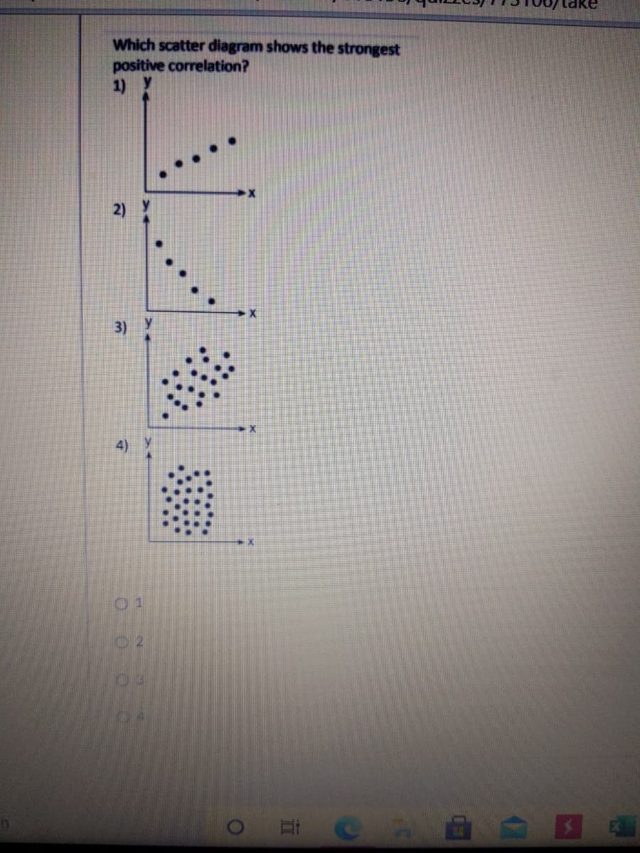 Which scatter diagram shows the strongest
positive correlation?
2)
3)
01
