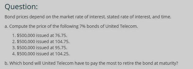 Question:
Bond prices depend on the market rate of interest, stated rate of interest, and time.
a. Compute the price of the following 7% bonds of United Telecom.
1. $500,000 issued at 76.75.
2. $500,000 issued at 104.75.
3. $500,000 issued at 95.75.
4. $500,000 issued at 104.25.
b. Which bond will United Telecom have to pay the most to retire the bond at maturity?