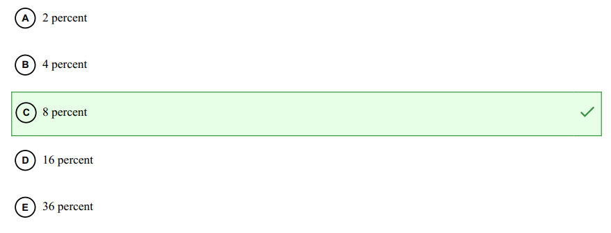 A) 2 percent
B) 4 percent
c) 8 percent
D) 16 percent
E) 36 percent