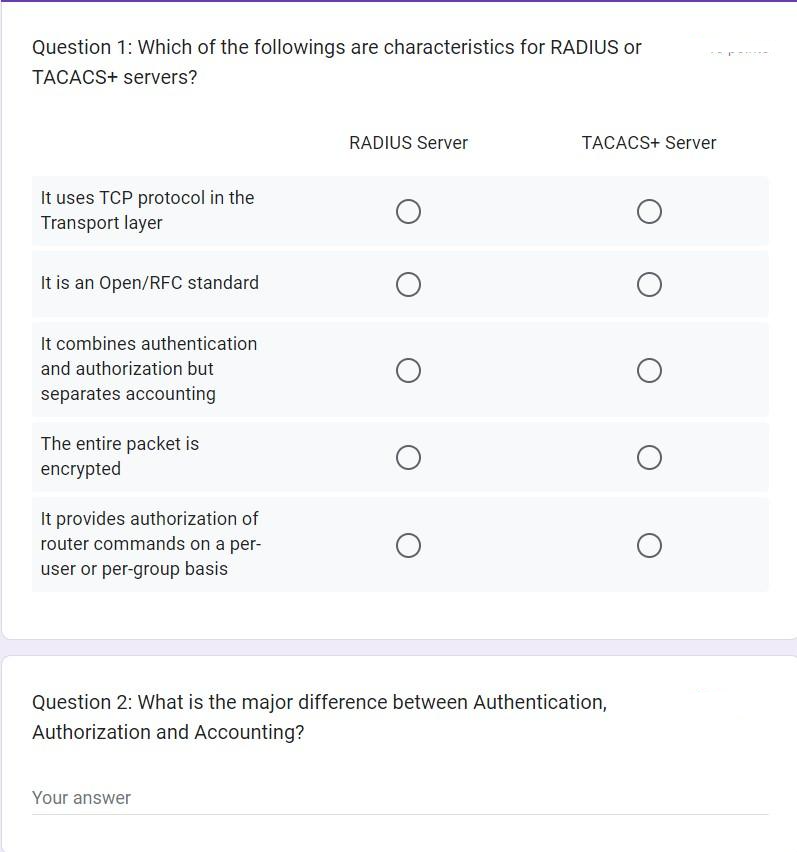 Question 1: Which of the followings are characteristics for RADIUS or
TACACS+ servers?
It uses TCP protocol in the
Transport layer
It is an Open/RFC standard
It combines authentication
and authorization but
separates accounting
The entire packet is
encrypted
It provides authorization of
router commands on a per-
user or per-group basis
RADIUS Server
Your answer
O
о
O
O
TACACS+ Server
Question 2: What is the major difference between Authentication,
Authorization and Accounting?
O