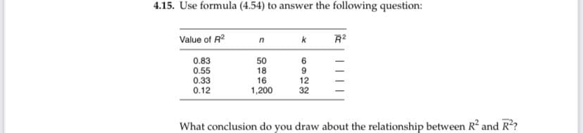 4.15. Use formula (4.54) to answer the following question:
Value of R²
0.83
0.55
0.33
0.12
n
50
18
16
1,200
k
6
9
12
32
R²
What conclusion do you draw about the relationship between R² and R²?