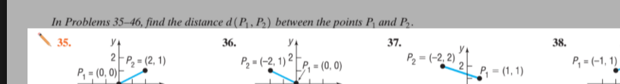 In Problems 35–46, find the distance d (P , P;) between the points P, and P,.
35.
36.
37.
38.
2 P, = (2, 1)
P, = (0, 0)
P, = (-2, 1) [P, = (0, 0)
P2 = (-2, 2)
P, = (-1, 1)
P, = (1, 1)
