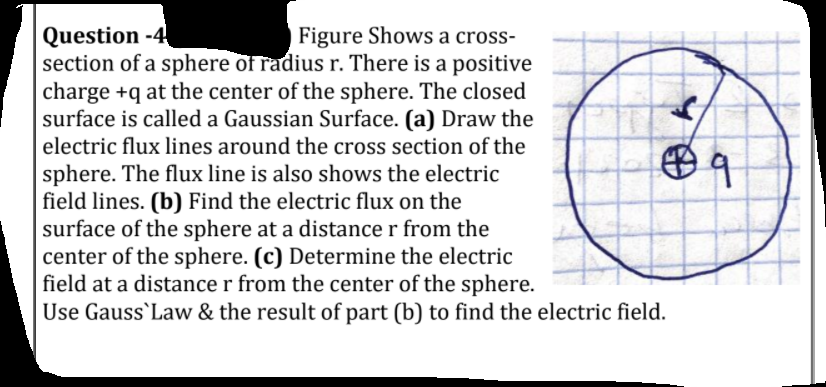 Question -4
section of a sphere of radius r. There is a positive
charge +q at the center of the sphere. The closed
surface is called a Gaussian Surface. (a) Draw the
Figure Shows a cross-
electric flux lines around the cross section of the
sphere. The flux line is also shows the electric
field lines. (b) Find the electric flux on the
surface of the sphere at a distance r from the
center of the sphere. (c) Determine the electric
field at a distance r from the center of the sphere.
Use Gauss`Law & the result of part (b) to find the electric field.
