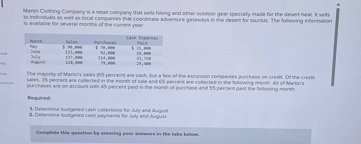 ook
Hint
Print
erences
Martin Clothing Company is a retail company that sells hiking and other outdoor gear specially made for the desert heat. It sells
to individuals as well as local companies that coordinate adventure getaways in the desert for tourists. The following information
is available for several months of the current year.
Month
May
June
July
August
Sales
$ 90,000
123,000
137,000
128,000
Purchases
$ 70,000
92,000
114,000
79,000
Cash Expenses
Paid
$ 21,000
29,000
33,750
29,400
The majority of Martin's sales (65 percent) are cash, but a few of the excursion companies purchase on credit. Of the credit
sales, 35 percent are collected in the month of sale and 65 percent are collected in the following month. All of Martin's
purchases are on account with 45 percent paid in the month of purchase and 55 percent paid the following month.
Required:
1. Determine budgeted cash collections for July and August.
2. Determine budgeted cash payments for July and August.
Complete this question by entering your answers in the tabs below.