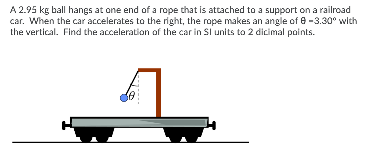 A 2.95 kg ball hangs at one end of a rope that is attached to a support on a railroad
car. When the car accelerates to the right, the rope makes an angle of 0 =3.30° with
the vertical. Find the acceleration of the car in Sl units to 2 dicimal points.
