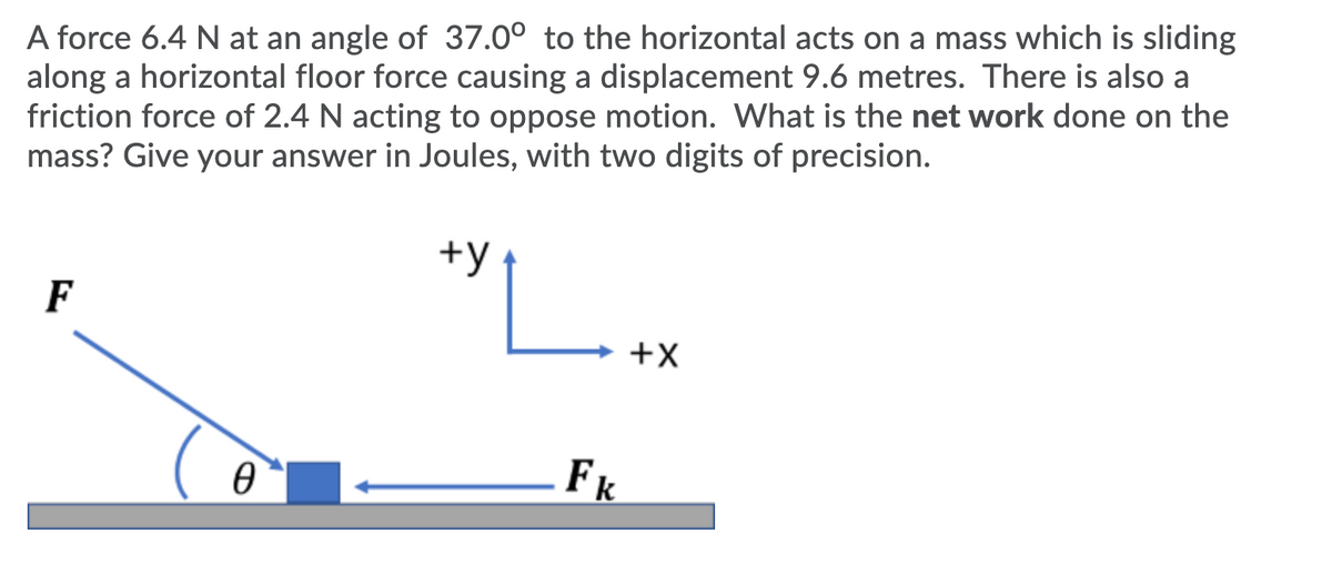 A force 6.4 N at an angle of 37.0° to the horizontal acts on a mass which is sliding
along a horizontal floor force causing a displacement 9.6 metres. There is also a
friction force of 2.4 N acting to oppose motion. What is the net work done on the
mass? Give your answer in Joules, with two digits of precision.
+y
F
+X
Fk
