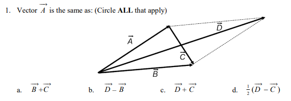 1. Vector A is the same as: (Circle ALL that apply)
A
a. B+C
b. D-B
B
C.
D+C
D
d. (D-C)