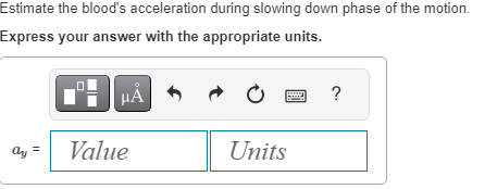 Estimate the blood's acceleration during slowing down phase of the motion.
Express your answer with the appropriate units.
ay
μA
Value
Ć
Units
?