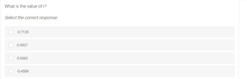 What is the value of r?
Select the correct response:
-0.7129
0.4507
0.6560
-0.4589

