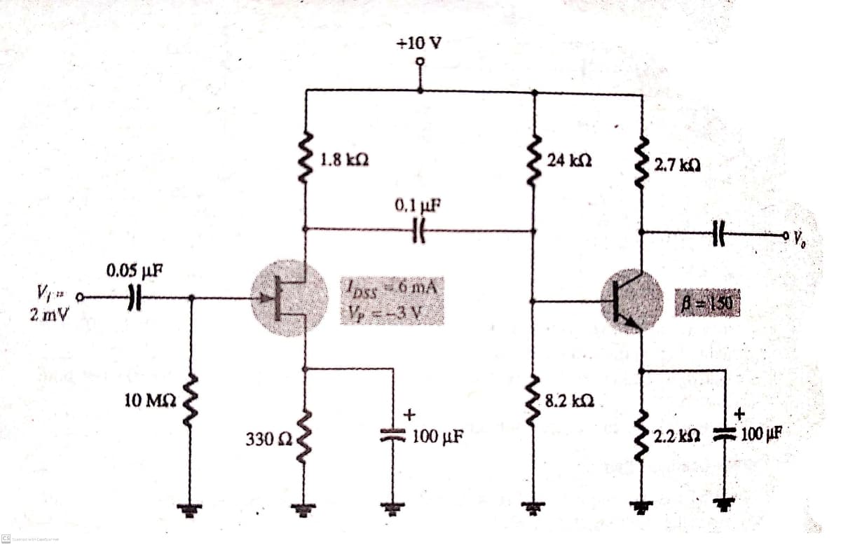 2 mV
0.05 μF
카
10 ΜΩ
330 Ω
+10 V
0.1 μF
H
pss = 6 mA
+
1.8 ΕΩ
100 µF
24 k
8,2 ΚΩ
2.7 k
+6
8=150
2.2 k
100 μF