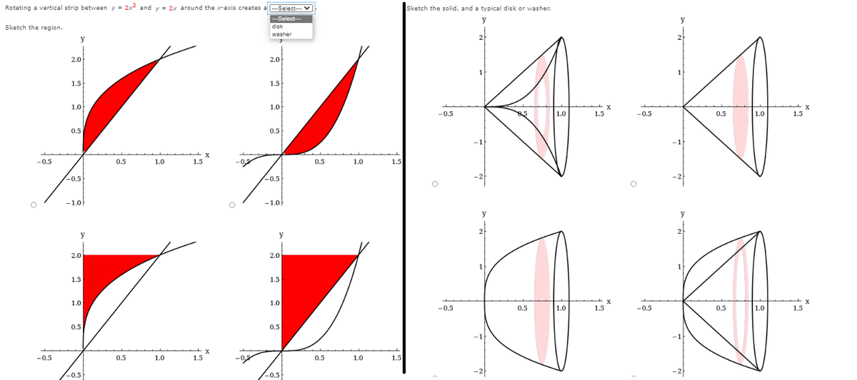 Rotating a vertical strip between y = 2x and y = 2x around the x-axis creates a
---Select--- *
Sketch the solid, and a typical disk or washer.
---Select--
y
Sketch the region.
disk
washer
2
2
y
2.0
2.0
1
1.5
1.5
1.0
1.0
X
X
-0.5
85
1.0
1.5
-0.5
0.5
1.0
1.5
0.5
0.5
-1
-1
-0.5
0.5
1.0
1.5
-05
0.5
1.0
1.5
-0.5
-0.5
-2
-2
-1.0
-1.0F
y
y
2
2
y
y
2.0
2.0
1.5
1.5
1.0
1.0
-0.5
0.5
1.0
1.5
-0.5
0.5
1.0
1.5
0.5
0.5
-1
-1
-0.5
0.5
1.0
1.5
0.5
1.0
1.5
-2
-2
-0.5
-0.5
