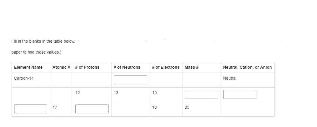 Fill in the blanks in the table below.
paper to find those values.)
Element Name
Atomic #
# of Protons
# of Neutrons
# of Electrons
Mass #
Neutral, Cation, or Anion
Carbon-14
Neutral
12
13
10
17
18
35
