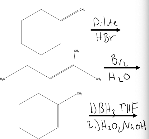 CH2
Pilute
HBr
CH,
Brz,
H20
H,C
CH3
CH3
1) BHe THE
2.)HzOz Na oH
