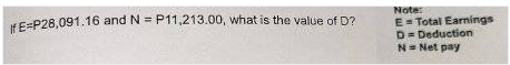 If E-P28,091.16 and N = P11,213.00, what is the value of D?
Note:
E Total Earnings
D= Deduction
N= Net pay