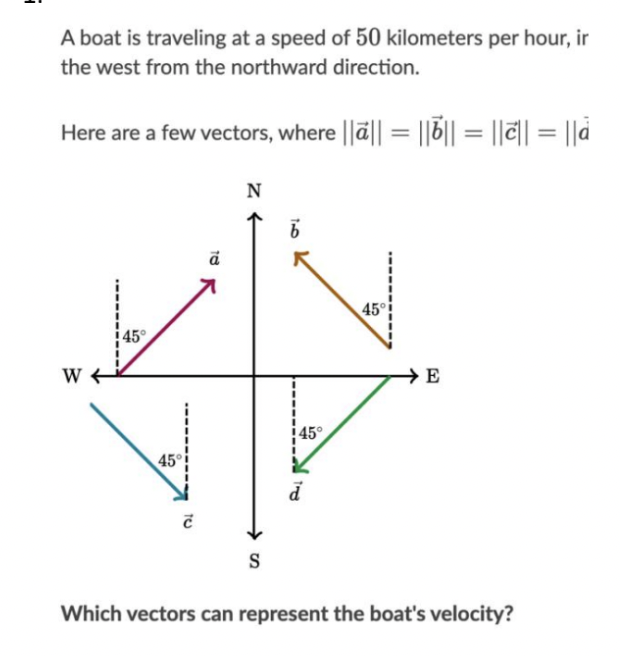 A boat is traveling at a speed of 50 kilometers per hour, ir
the west from the northward direction.
Here are a few vectors, where ||a|| = |||| = |||| = ||à
45°
45°
TU
N
S
6
45°
d
45°
E
Which vectors can represent the boat's velocity?