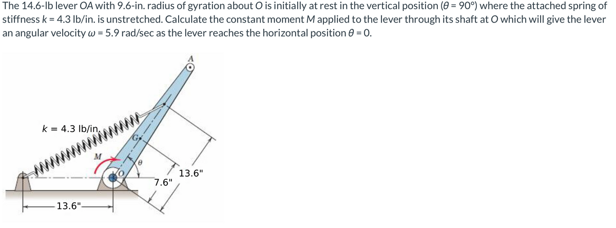 The 14.6-lb lever OA with 9.6-in. radius of gyration about O is initially at rest in the vertical position (0 = 90°) where the attached spring of
stiffness k = 4.3 lb/in. is unstretched. Calculate the constant moment M applied to the lever through its shaft at O which will give the lever
an angular velocity w = 5.9 rad/sec as the lever reaches the horizontal position 0 = 0.
k = 4.3 lb/in.
13.6"-
M
ww
7.6"
13.6"